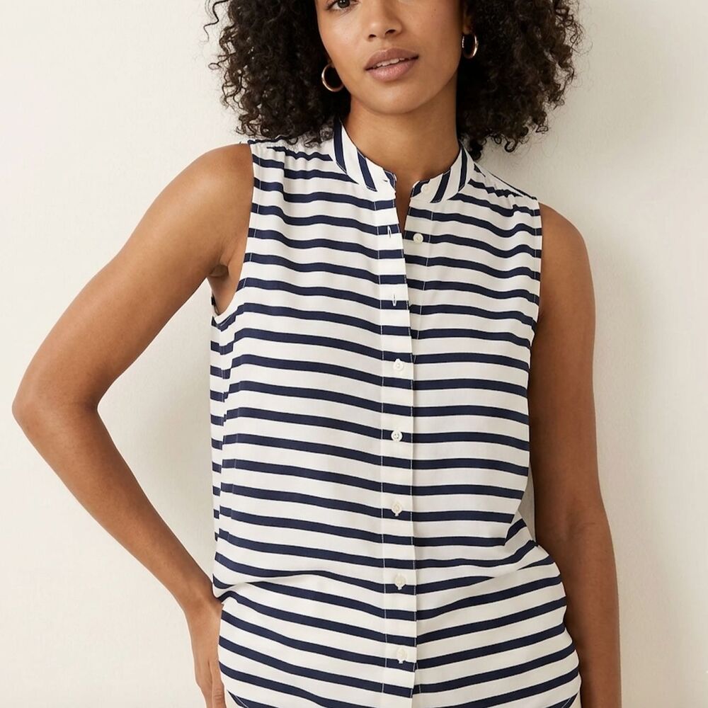 J.Crew Navy White Striped Sleeveless Blouse Size 00 Preppy Coastal Nautical